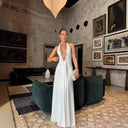 Chic Women's Maxi Dress with Deep V-Neck & Ruffle Accents for Special Occasions