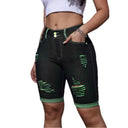 Stylish Women's Distressed Denim Shorts with Green Detail