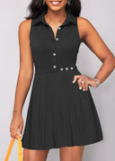 Women's Knee-Length Button-Up Shirt Dress with Pleated Skirt