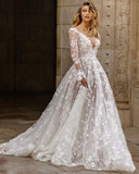 Floral Lace Appliqué Wedding Dress with Deep V-Neck