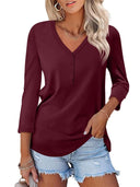 Women's Button Placket V-Neck Long Sleeve Top