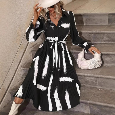 Chic Women's Long Sleeve Pleated Shirt Dress