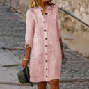 Stylish Women's Striped Shirt Dress with Button Placket and 3/4 Sleeves