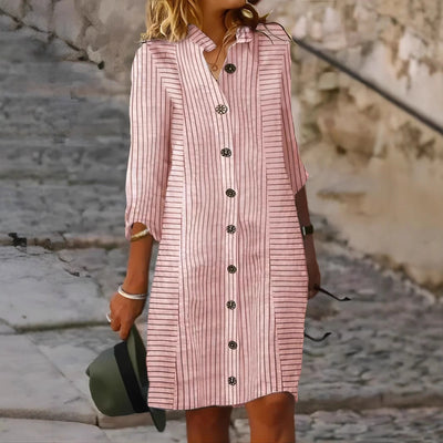 Stylish Women's Striped Shirt Dress with Button Placket and 3/4 Sleeves