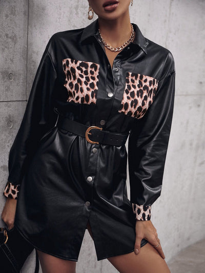 Animal Print Faux Leather Shirt Dress for Women