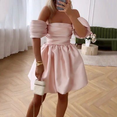 Off-the-Shoulder Puff Sleeve Wedding Dress with Flowing Skirt