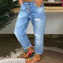Chic Denim Pleated Trousers with Button Placket and Distressed Detailing