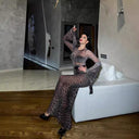 Chic Shimmering Maxi Dress with Long Sleeves & Leopard Print
