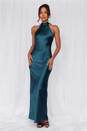 Chic Satin Maxi Dress with High Neck Design