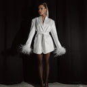 Chic V-Neck Blazer Dress with Feather Accents