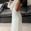 Chic Women's Midi Dress with Deep Back Cut and Striped Design