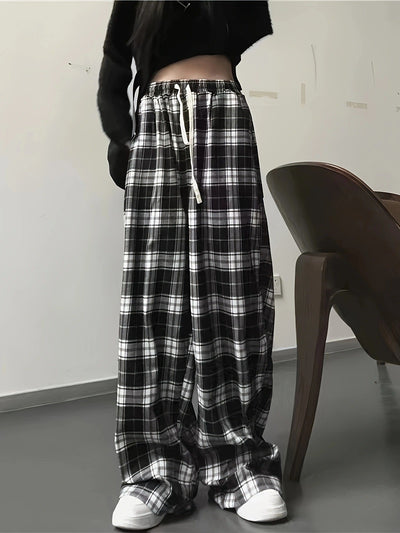 Checked Women's Leisure Pants with Adjustable Waist
