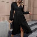 Chic Midi Dress with V-Neck & Button Accents