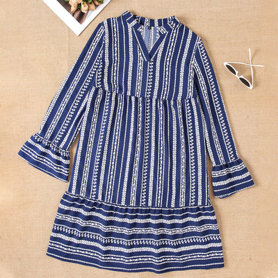 Women's Striped Long Sleeve Ruffle Dress