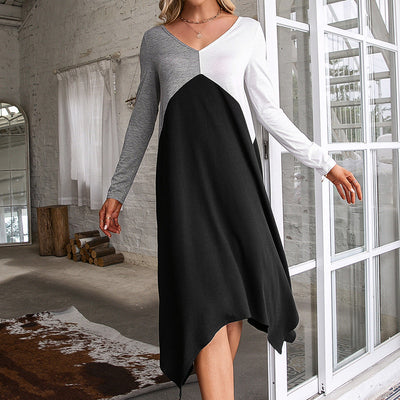 Chic Women's Long-Sleeve Wrap Dress with Asymmetrical Hem and V-Neck