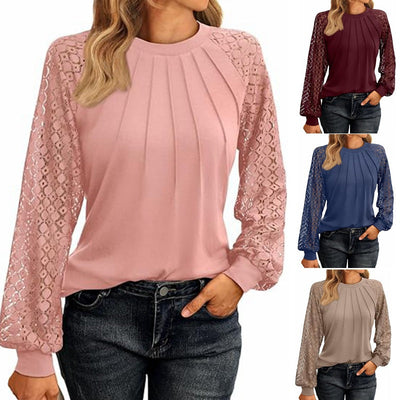 Chic Women's Top with Lace Sleeves and Gathered Accents