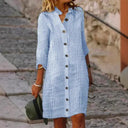 Stylish Women's Striped Shirt Dress with Button Placket and 3/4 Sleeves