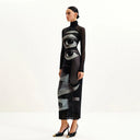 Chic Graphic Long Sleeve Maxi Dress with High Neck