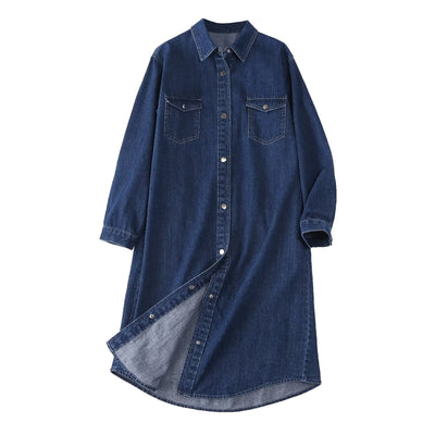 Stylish Women's Denim Shirt Dress with Button-Down Design and Functional Pockets