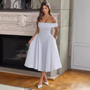 Off-Shoulder Midi Dress with Flared Pleats and Pockets