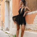 Glamorous Cocktail Dress with V-Neck and Appliqués
