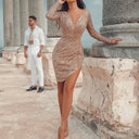 Women's Glitter V-Neck Dress with Asymmetrical Hem