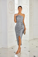 Women’s Asymmetrical Evening Gown with Sequin Detail and High Slit