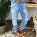 Trendy Women's Denim Pleated Trousers with Button Details