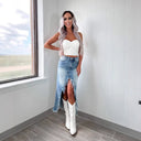 Women's Asymmetrical Denim Skirt with Fringed Hem