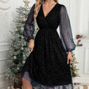 Glamorous Midi Dress with Sheer Puff Sleeves and Sequin Design
