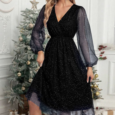 Glamorous Midi Dress with Sheer Puff Sleeves and Sequin Design