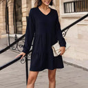 Stylish Women's V-Neck Dress with Flowy Hem and Long Sleeves