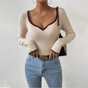 Women's V-Neck Long Sleeve Bodysuit with Stylish Contrast Accents