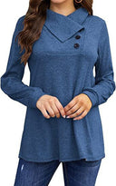 Women's Long Sleeve Blouse with Asymmetrical Collar & Button Trim