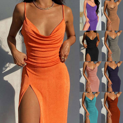 Chic Maxi Dress with Waterfall Neckline & High Slit