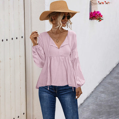 Chic V-Neck Blouse with Long Puff Sleeves