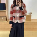 Checked Blazer Jacket for Women with Removable Pockets & Button Accents