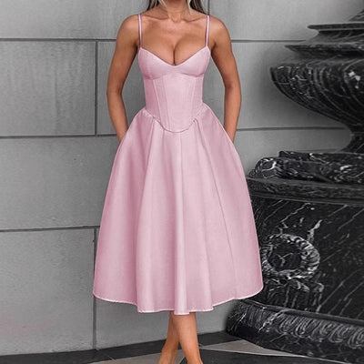Chic A-Line Midi Dress with Spaghetti Straps