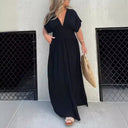 Chic Women's Maxi Dress with Deep V-Neck & Side Pockets