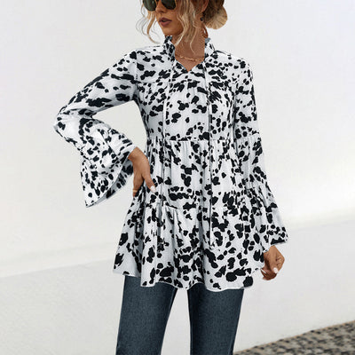 Chic Ruffled Blouse with Leopard Print Design