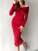 Off-Shoulder Midi Dress with Pearl Accents