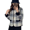 Checked Blazer Jacket for Women with Removable Pockets & Button Accents