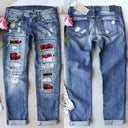 Chic Ripped Women's Jeans with Checkered Design