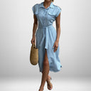 Chic Women's Shirt Dress with Tie Belt & Flap Pockets