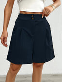 Chic Women’s High-Waisted Shorts with Double Button and Pleat Design