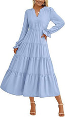Chic Women's Maxi Dress with Button Details and Flowing Sleeves