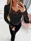 Floral Lace Appliqué Women's Shirt with Dazzling Accents