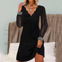Chic V-Neck Mini Dress with Sheer Sleeves and Gemstone Details