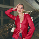 Chic Women's Blouse with Lacing and Flowing Sleeves