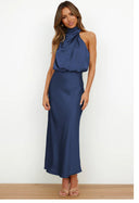 Chic Maxi Dress with Stand-Up Collar and Draped Design